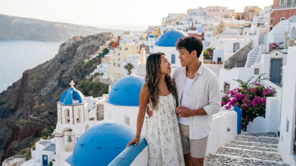 Couple enjoying the sea view in Santorini