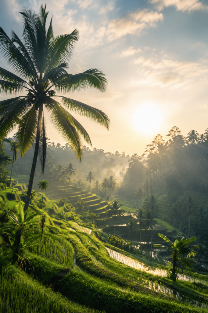 Bali rice terraces and tropical palm trees