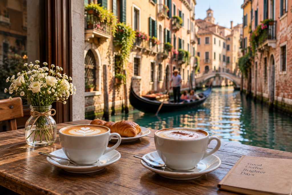 Venice canal street with outdoor cafe tables
