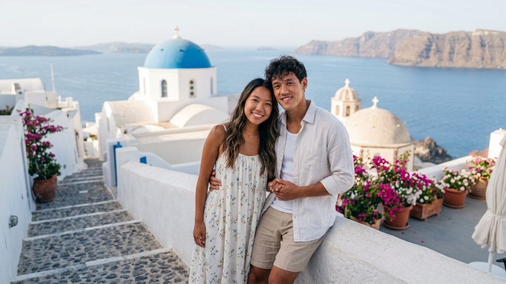 Couple enjoying the sea view in Santorini