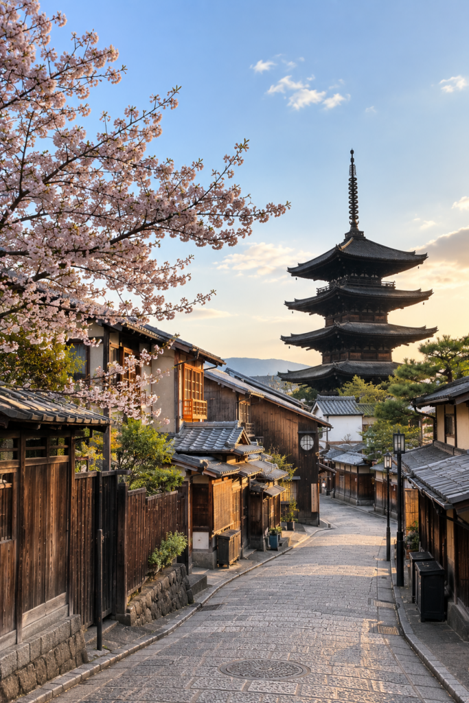 Traditional Kyoto street with a pagoda and cherry blossoms