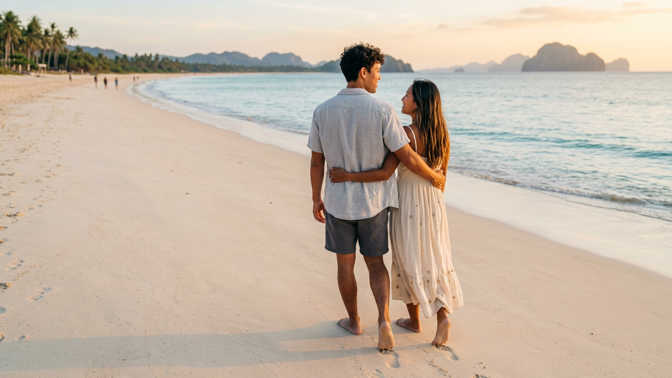 Couple walk in Palawan beach