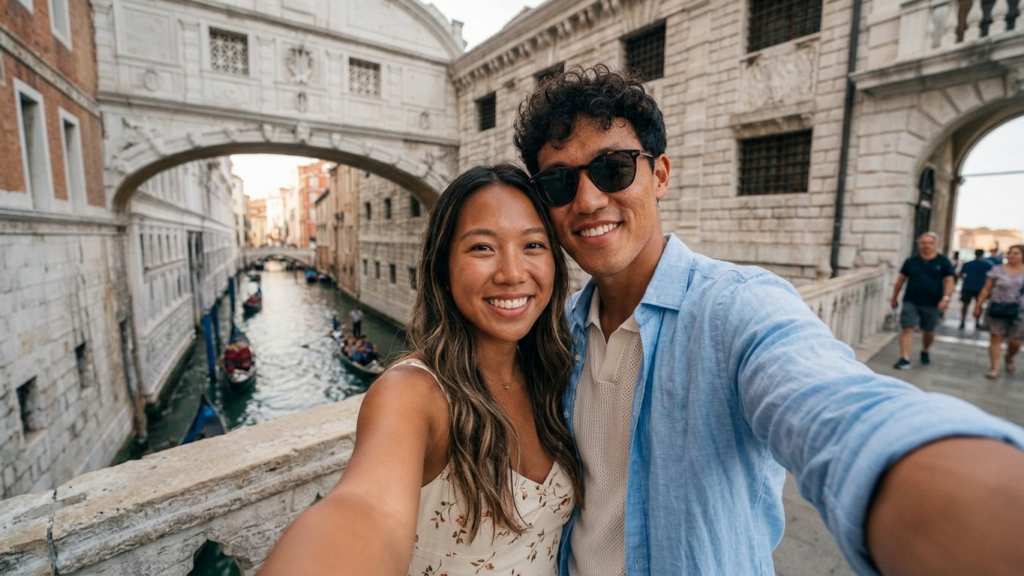Couple exploring a canal in Venice