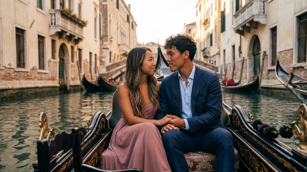 Couple walking through a narrow street in Venice