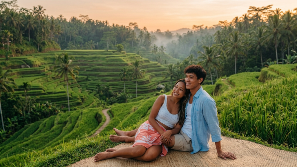 Person enjoying the rice terraces and green landscape of Bali