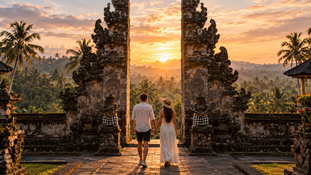 Bali temple at sunset