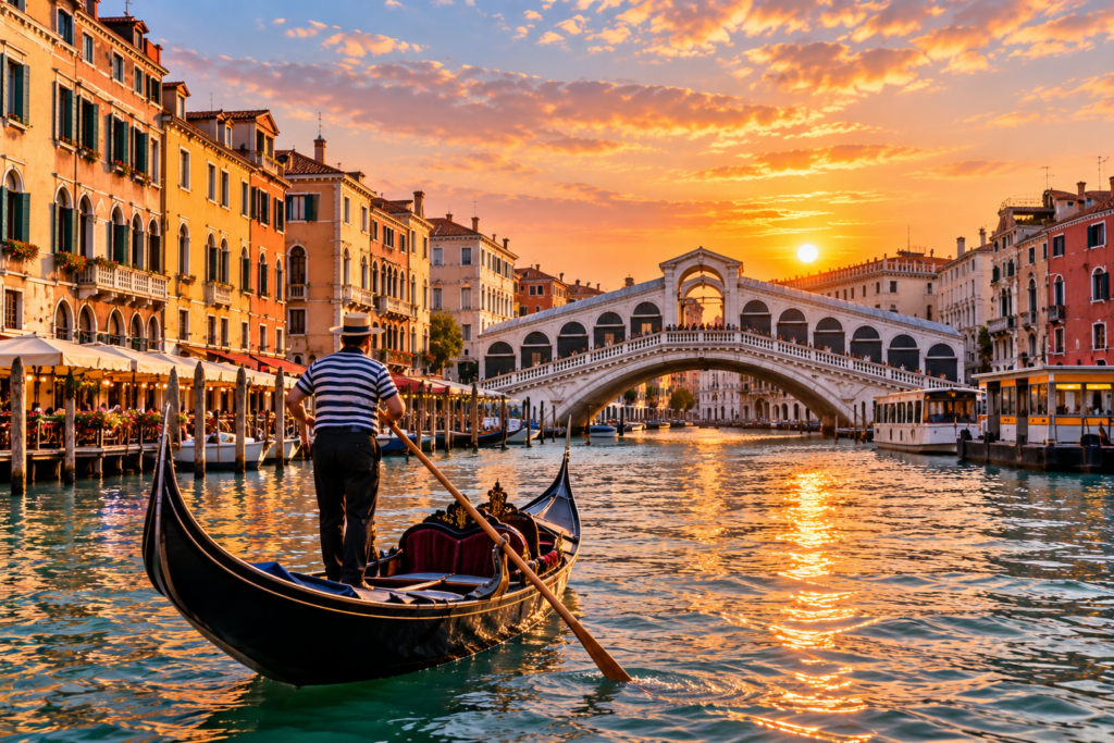 Gondola on a canal in Venice at sunset