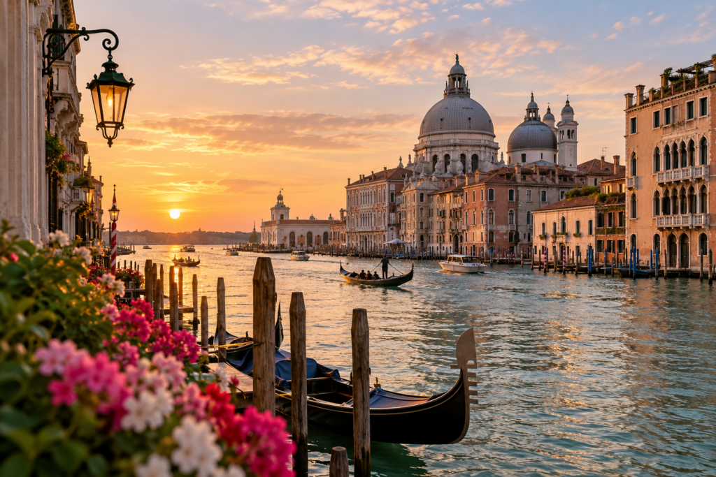 Venice canal and historic buildings at sunset