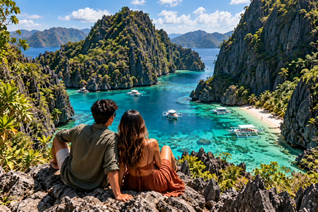 Couple enjoying a turquoise lagoon in Palawan