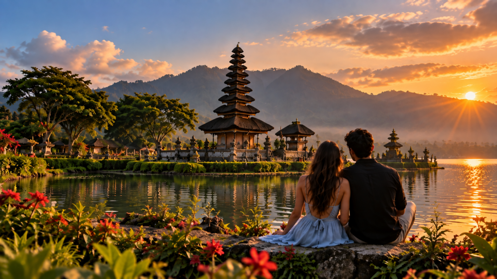 Balinese temple at sunset in Bali