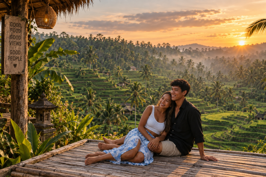 Person enjoying the green landscape of Bali
