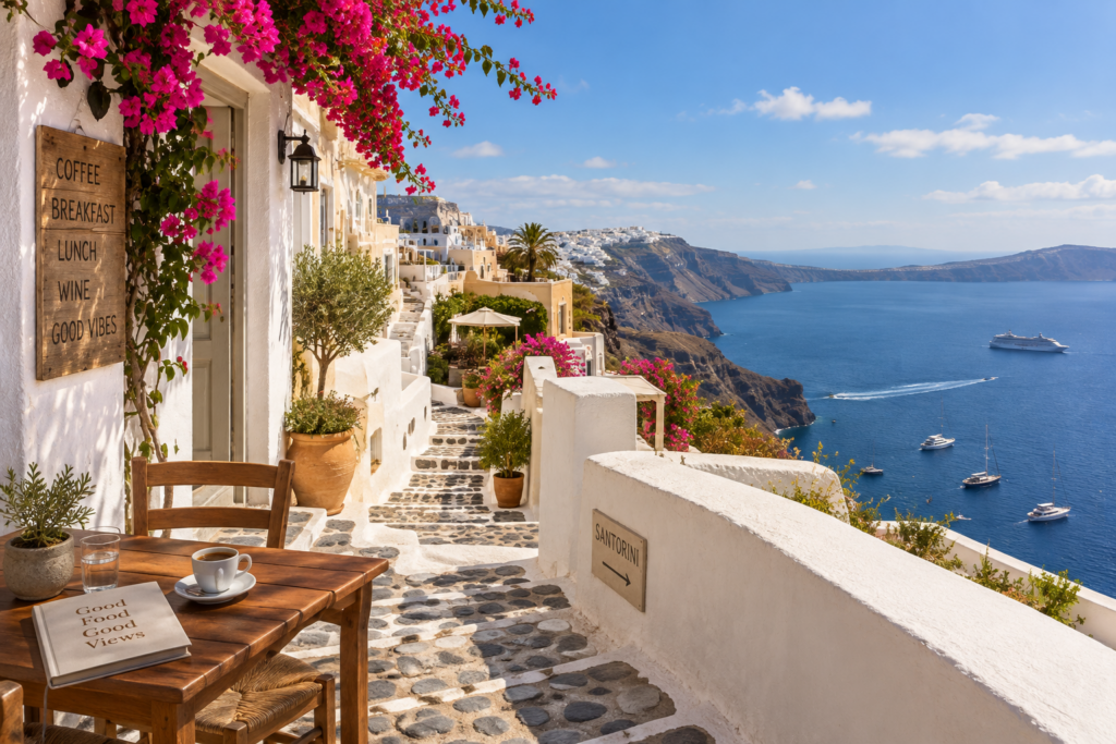 Santorini terrace overlooking the Aegean Sea
