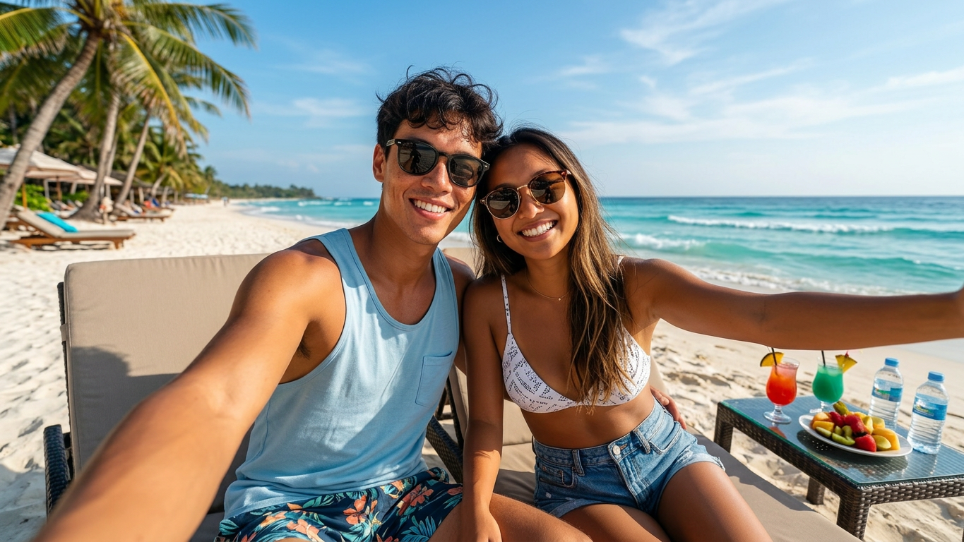 Couple relaxing on a tropical beach in Bali