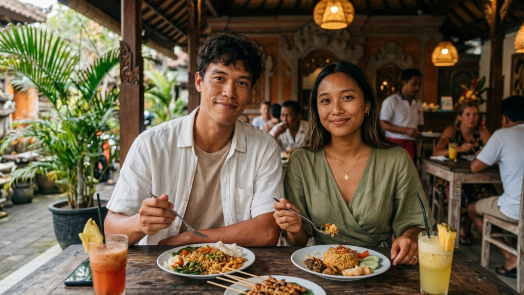 Couple enjoying a meal at a local restaurant in Bali