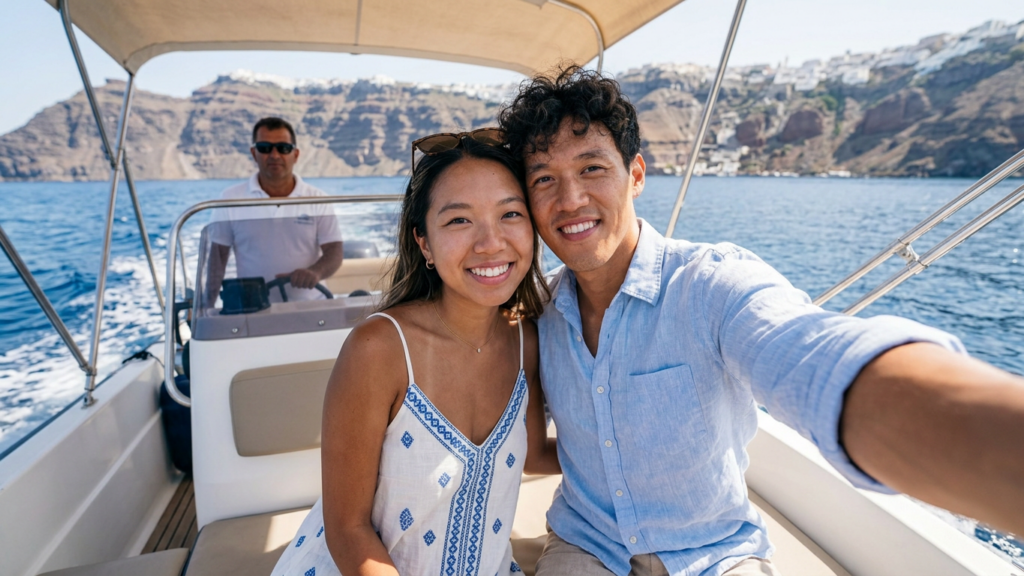 Couple enjoying the sea view in Santorini